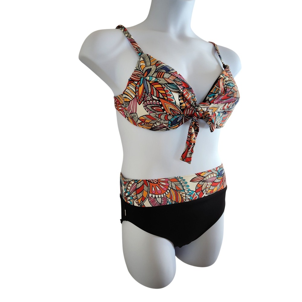 Captiva Womens Medium Abstract Floral Bikini Set Black Multicolor  Underwire Top